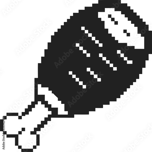Pixel art grilled meat drumstick icon retro 8 bit barbecue food symbol, roasted chicken leg illustration, minimal monochrome design