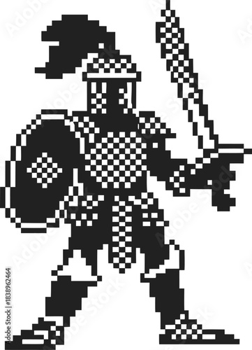 Knight warrior in retro pixel art holding sword and shield, medieval fighter character in black and white 8 bit game design