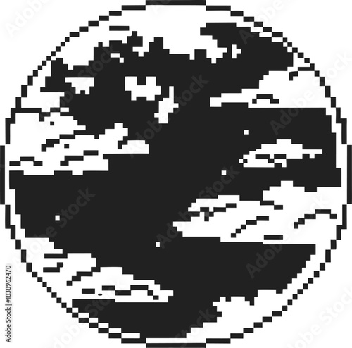 pixel art planet with clouds retro monochrome globe illustration of cosmic world, minimal celestial sphere in 8 bit