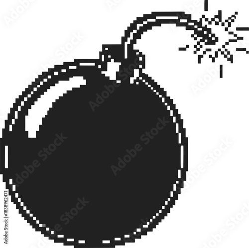 Pixel art lit bomb icon with burning fuse retro explosive symbol, minimal black design on transparent background