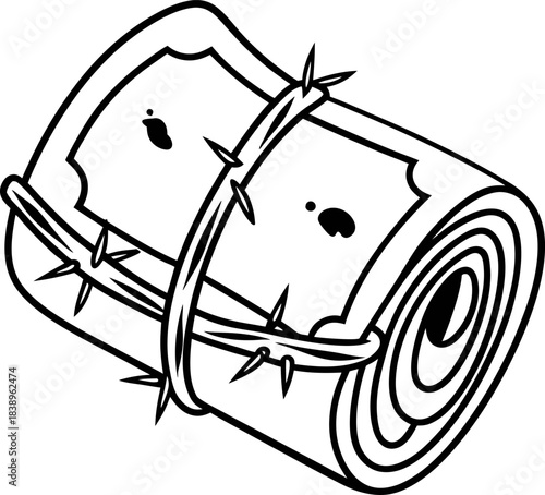Tightly bound money roll wrapped in barbed wire symbolizing financial restriction, economic sanctions, debt pressure and monetary control