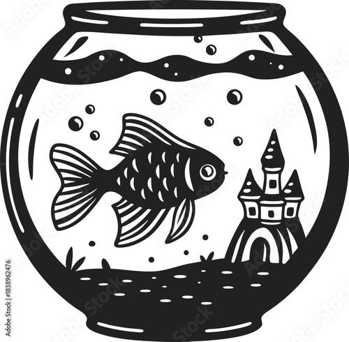 Goldfish in round glass aquarium bowl with castle decoration, water bubbles and pebbles, simple black and white aquatic pet illustration