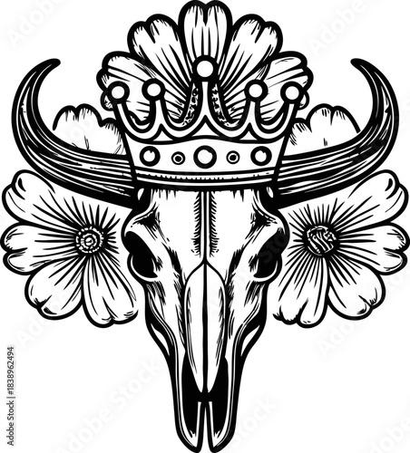 Majestic crowned bull skull with floral ornament vintage boho tribal emblem combining animal skull, royal crown and decorative flowers