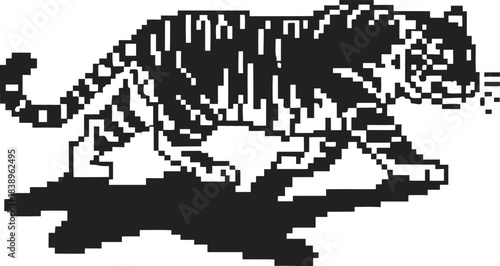 Tiger side view illustration in black and white pixel art with walking pose and cast shadow on white background