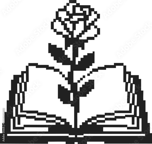 pixel art open book with blooming rose retro floral illustration symbolizing literature, knowledge, romance and digital nostalgia