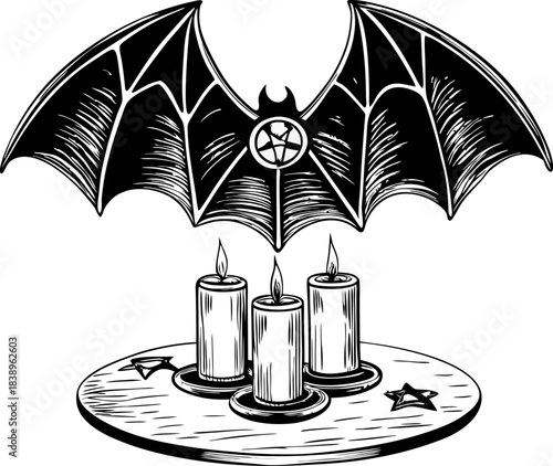 Bat with occult symbol above ritual candles on circular altar gothic witchcraft illustration with pentagram, magic ceremony, dark mystic theme