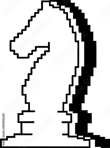retro pixel knight chess piece icon with bold black outline and shadow on white background, minimalist gaming strategy design