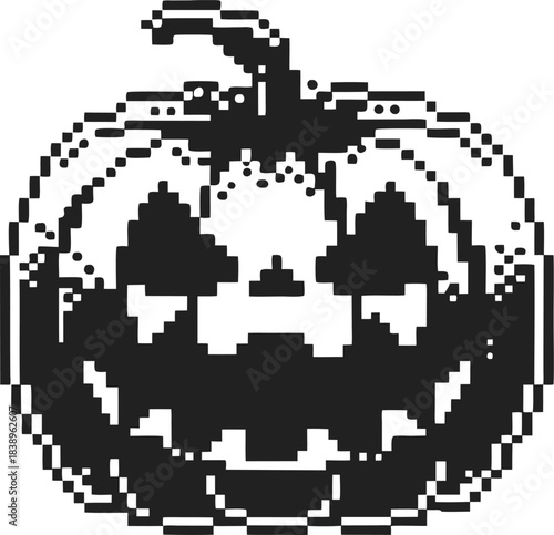 retro pixel jack o lantern icon with spooky carved face black and white halloween pumpkin illustration on transparent background
