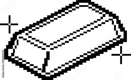 Pixel art gold bar icon with sparkling highlights, minimalist 8 bit treasure symbol on transparent background
