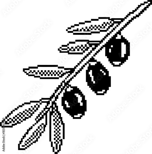 Olive branch with ripe black olives in minimalist pixel art style, retro monochrome plant illustration on transparent background