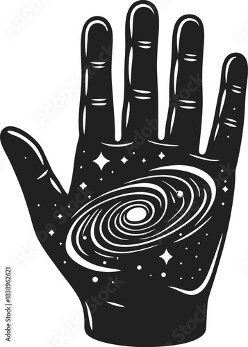 Cosmic galaxy swirling inside open human hand illustration esoteric palm with stars, spiral universe, mystical energy and celestial symbolism
