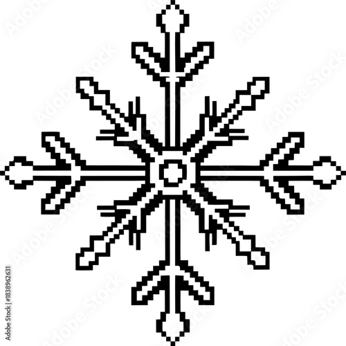 Pixel art geometric snowflake icon, black and white winter symbol with symmetrical pattern, minimal retro digital holiday design
