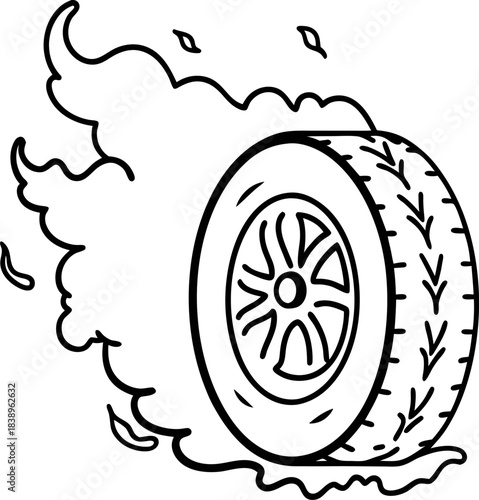 Burning racing tire with flames fast spinning wheel, speed motion, drifting automotive symbol in black and white line art illustration