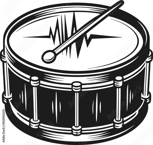 Snare drum with soundwave symbol on drumhead percussion instrument icon representing rhythm, music beat, audio pulse and sound design