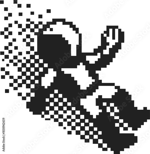 pixelated astronaut dissolving into digital particles retro space explorer silhouette disintegrating in abstract glitch effect