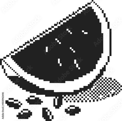 Watermelon slice in minimalist pixel art with seeds and halftone shading on clean white background