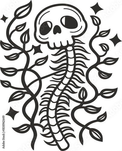 Skull with centipede spine and climbing vines minimalist creepy illustration with bones, leaves, stars and dark gothic nature