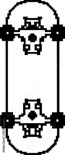 Minimalist pixel art skateboard icon retro black and white deck illustration with trucks and wheels in simple 8 bit arcade graphic