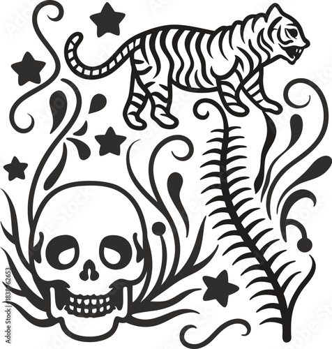 Skull and tiger tattoo design with floral ornaments, decorative stars and fern leaves in monochrome boho mystical