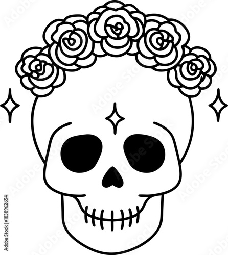 Floral skull line art with roses crown and sparkles minimalist black and white skull illustration, decorative tattoo and halloween design