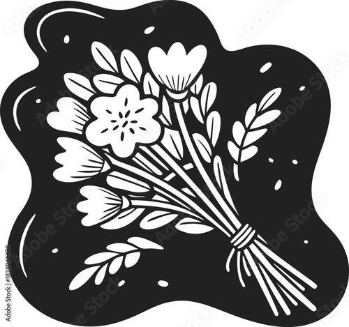 Black and white floral bouquet illustration with tied wildflowers and leaves vintage decorative botanical design with rustic nature motif