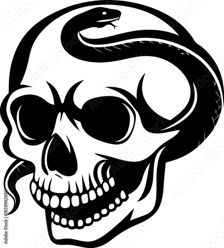 Skull with serpent coiled through eye sockets black and white snake illustration, gothic death symbol, dark occult horror tattoo design