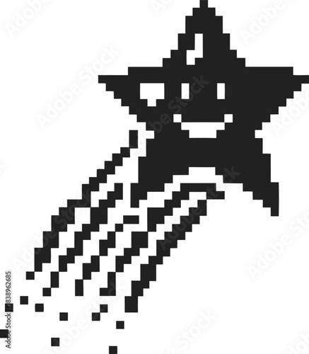 Smiling pixel star with trailing sparkles retro 8 bit celestial character, cute nostalgic digital art icon on white background