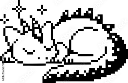 Sleeping pixel dragon unicorn hybrid curled up with stars, cute retro fantasy creature in minimalist black and white