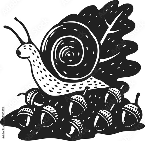 Snail with large leaf shell surrounded by acorns in forest ground illustration, monochrome nature woodland graphic design