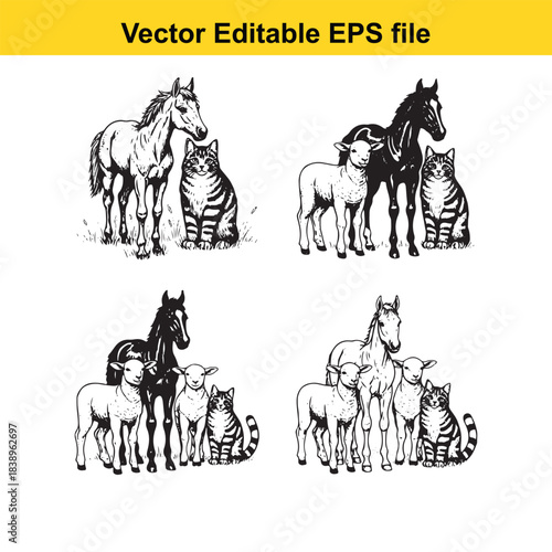  four sets of farm animals horses, sheep, and cats in various poses