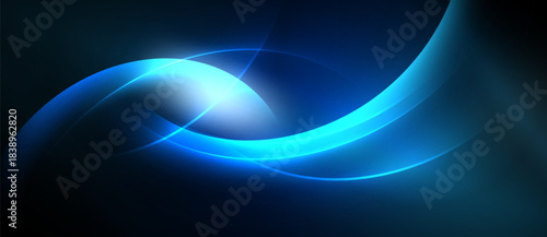 Abstract blue curves radiate from bright center. Dark background creates dramatic visual effect. Smooth lines suggest movement, energy.