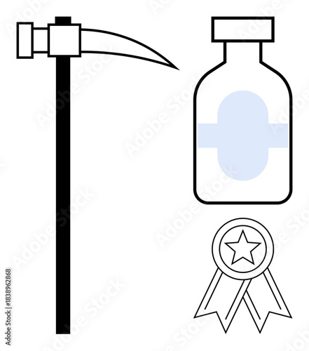 Healthcare, mining industry, awards recognition, medicine, pharmaceutical branding, and achievement symbols. Features a pickaxe, medical bottle and medal with star. Healthcare and mining industry