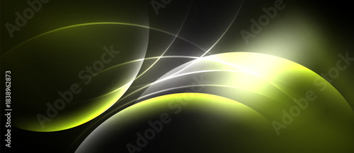 Abstract design features flowing curves, bright highlights, dark background. Modern aesthetic, dynamic composition, subtle gradients present.