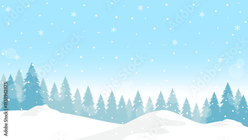 Winter Scenery Of Pine Forest And Snowy Hills With Clear Blue Sky And Snowflakes Background