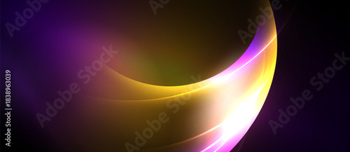 Abstract design features vibrant purple, gold, white curves. Smooth gradients create dynamic, flowing visual effect. Dark background emphasizes luminosity.