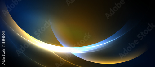 Abstract design features flowing curves, vibrant colors, bright light streak. Dark background emphasizes dynamic shapes, creating modern aesthetic.