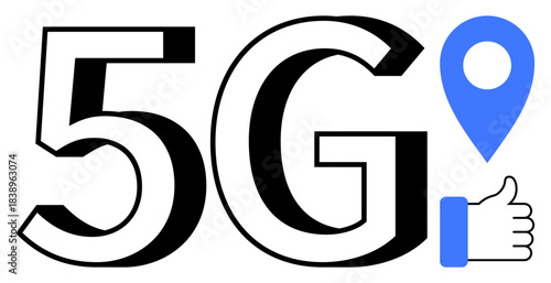 5G technology. 5G connectivity ed with a location pin and thumbs up symbol to show fast communication and seamless networking. 5G improves digital reliability and interaction. Concepts include