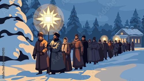 A traditional winter procession of people carrying illuminated star lanterns through a snowy village at night.