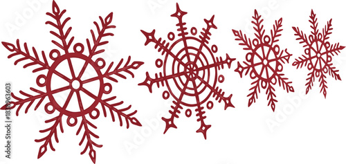 Premium red snowflake set with detailed patterns, isolated vector, suitable for holiday cards, banners, gift wrap, and decorative winter designs.