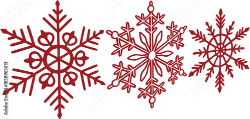 Vector illustration of red snowflakes in various shapes, isolated on transparent background, ideal for Christmas, festive, and seasonal designs.