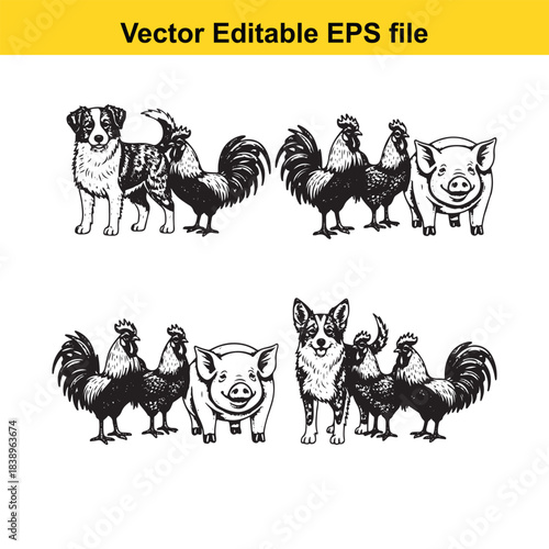  farm animals dog, roosters, and pigs, vector editable eps file