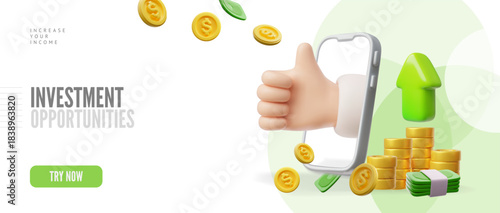 3D banner with a smartphone, a hand showing a class, bills, dollar coins, and a green upward arrow.