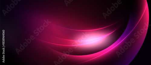 Abstract background features flowing curves, vibrant pinks, deep purples. Light radiates from center, creating dynamic visual effect.