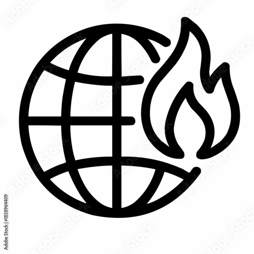 Line icon of a globe with fire symbol — global warming, black on white, square minimalist style