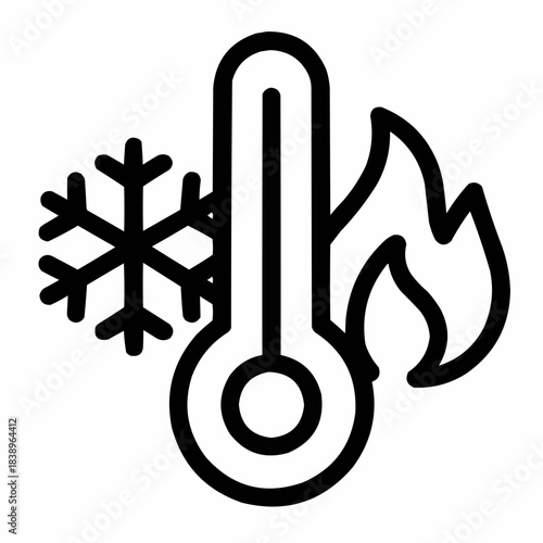 Line icon of a thermometer with ice and flame — climate extremes, black on white, square minimalist style