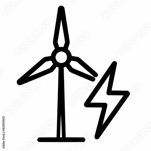 Line icon of a wind turbine with lightning bolt — clean energy, black on white, square minimalist style