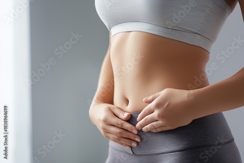  Woman holding waist and belly in gray yoga pants against clean background, conveying wellness and body acceptance themes. 