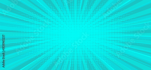 Teal comic book style background with a radial sunburst pattern and heavy halftone dot texture