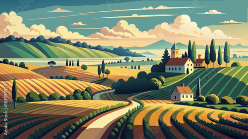 Very beautiful vintage-style hand-drawn landscape featuring ploughed fields, a winding rural road, distant tree, and expressive sky, capturing classic countryside charm with traditional engraving line