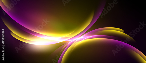 Abstract shapes, vibrant colors, flowing lines create dynamic composition. Purple, gold hues dominate dark background. Light radiates center.